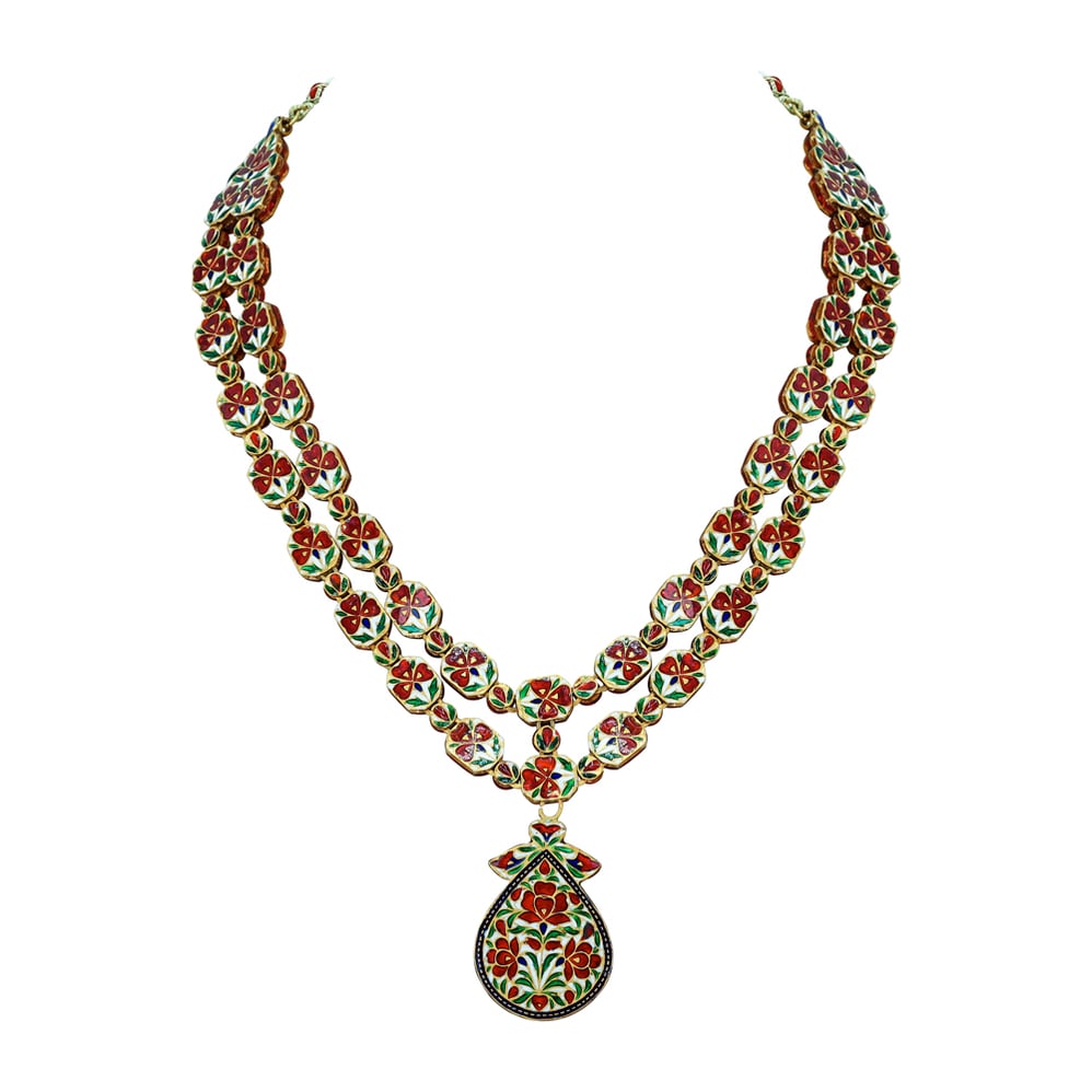 Double-Layer Polki Necklace with Red Enamel and Floral Pendant